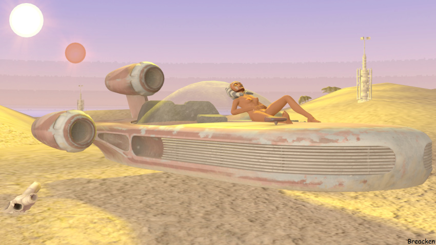 1girls 3d ahsoka_tano alien alien_girl alternate_version_available animal_skull breacken_(artist) clone_wars desert deviantart dewback female female_only landspeeder lying moisture_vaporator nude orange_skin outdoors sand skull solo source_filmmaker speeder star_wars sun sunbathing sunset tatooine togruta vehicle