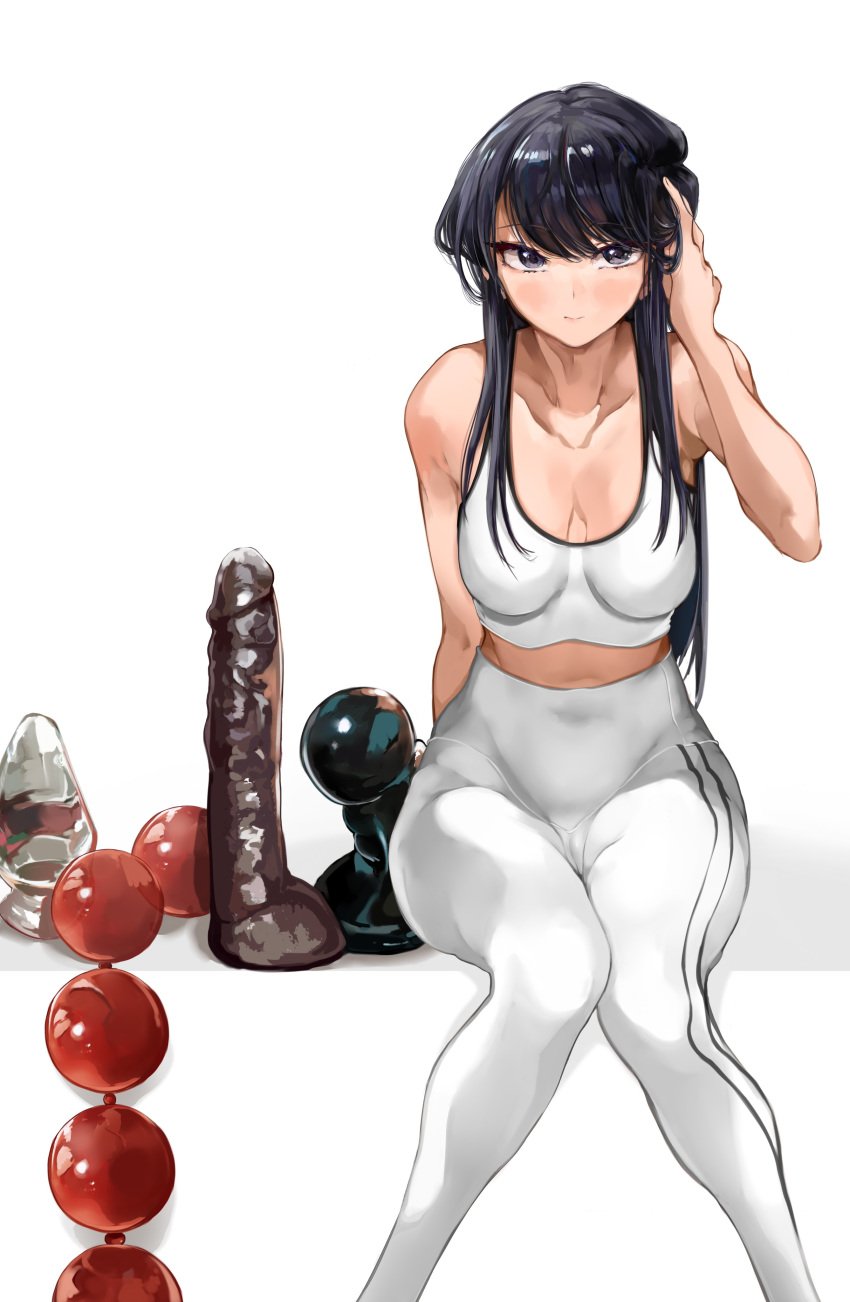 1girls absurdres adjusting_hair anal anal_beads anal_grip anal_juice anal_juice_drip anal_juice_trail anal_training asian bare_shoulders black_eyes black_hair blush breasts buttplug cameltoe cleavage clothed dark_blue_hair dat_anus dildo female female_only fringe gigantic_dildo grey_eyes highres hungry_anus implied_anal komi-san_wa_komyushou_desu komi_shouko light-skinned_female light_skin long_hair looking_at_viewer mamimi_(mamamimi) pale-skinned_female pants petite purple_eyes purple_hair schoolgirl sfh sitting_on_dildo sloppy solo sports_bra tank_top white_background white_pants white_tank_top yoga_pants