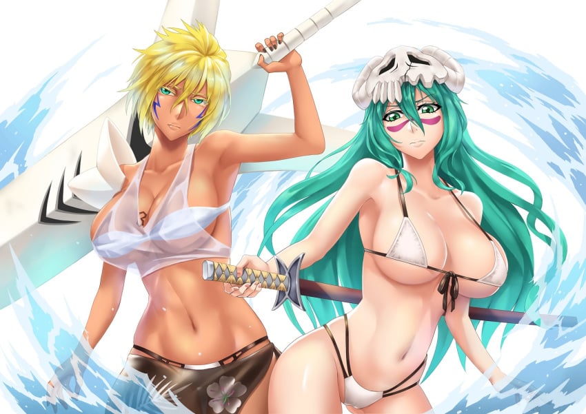 2girls big_breasts bikini bleach breasts chest_tattoo cleavage clothed clothing dark-skinned_female dark_skin eyelashes facepaint facial_markings female female_only green_eyes green_hair holding_weapon large_breasts nelliel_tu_odelschwanck number_tattoo sakuya_(liao_kj) skirt skull_hair_ornament swimsuit sword tattoo tia_harribel transparent_clothing water waves weapon wet_clothes wrap yellow_hair