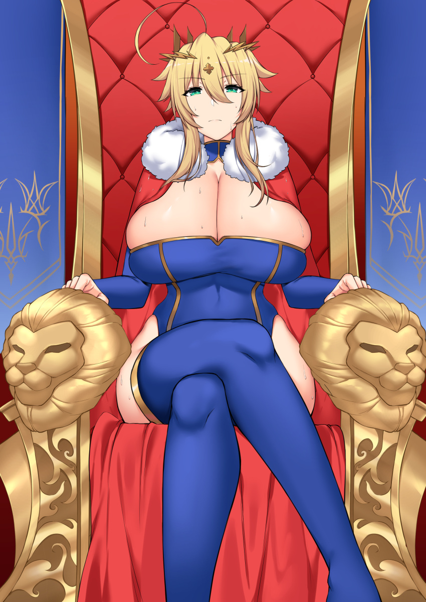 1girls artoria_pendragon_(lancer) big_breasts blonde_hair breasts busty crown fate/grand_order fate_(series) female huge_breasts large_breasts nekosama_shugyouchuu sweat sweaty throne turquoise_eyes