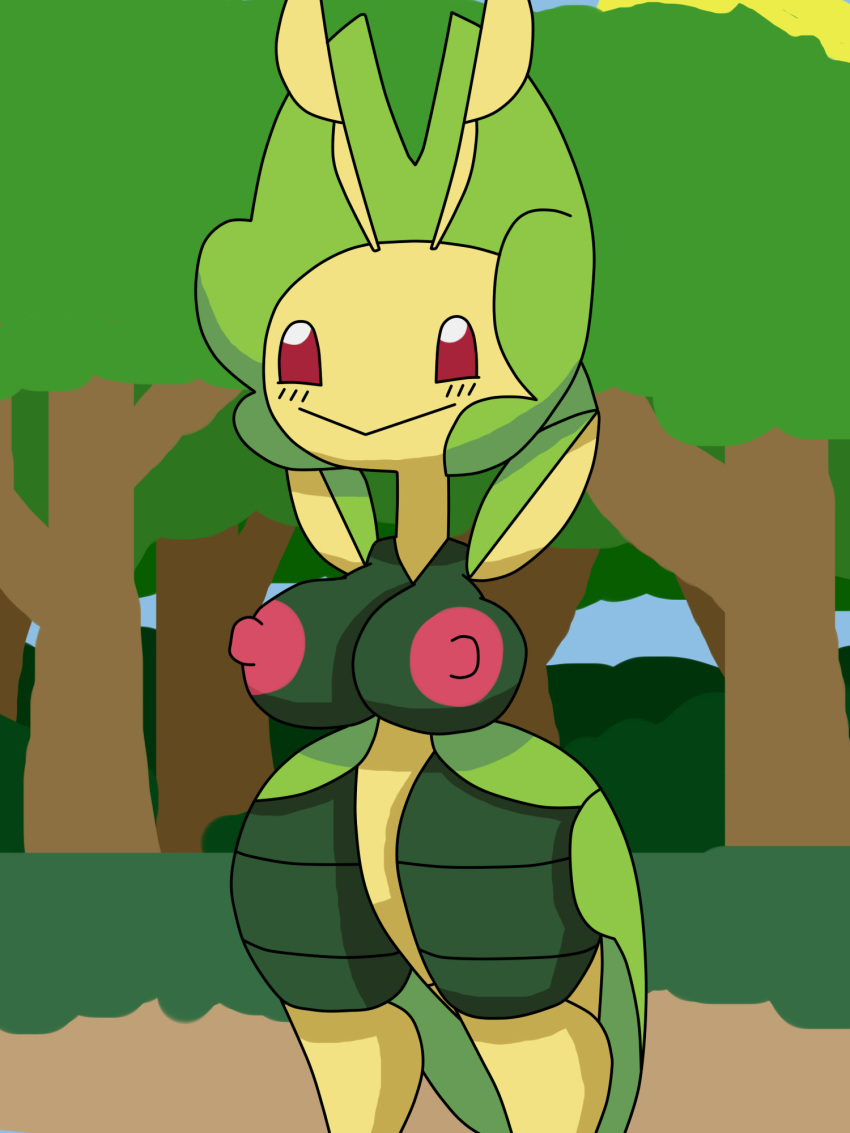 2020 anthro arthropod ass big_breasts blush breasts digital_media_(artwork) elemental_creature green_body green_tail huge_butt insects kouh leavanny multicolored_body nintendo plant pokémon_(species) pokemon red_eyes simple_background sky smile thick_thighs tree video_games wide_hips