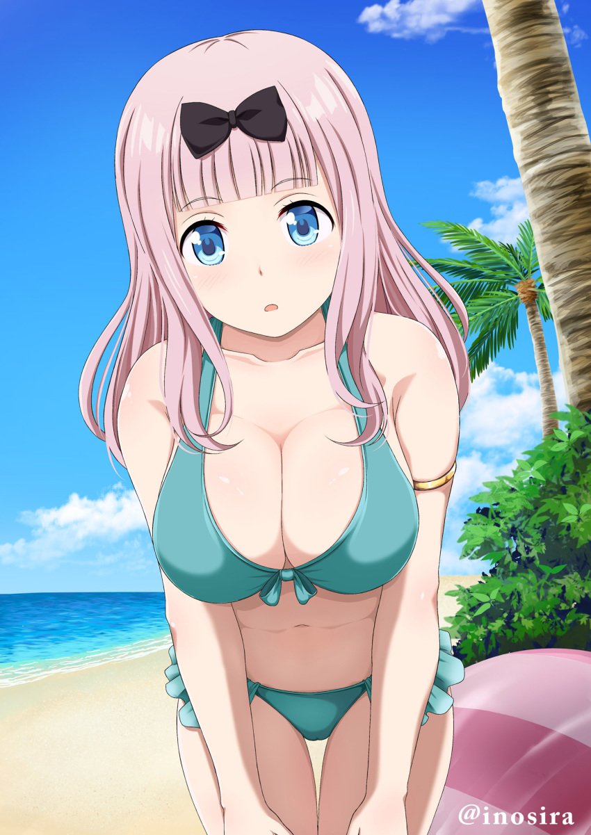 1girls bangs bare_shoulders beach beach_ball bikini black_bow blue_eyes blush clouds eyebrows_visible_through_hair female female_only frilled_bikini fujiwara_chika hair_ornament highres human inoshira kaguya-sama_wa_kokurasetai_~tensai-tachi_no_renai_zunousen~ large_breasts long_hair looking_at_viewer ocean open_mouth palm_tree pink_hair solo swimsuit