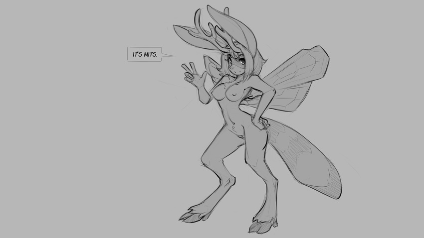 16:9 2020 anthro antlers arthropod bee breasts cervid dialogue english_text female fur genitals grey_background greyscale hair hooves horn hybrid hymenopteran insect_wings insects lagomorph leporid looking_at_viewer mammal mits_(character) monochrome nipples nude procyonid pussy rabbit raccoon simple_background solo text watsup widescreen wings