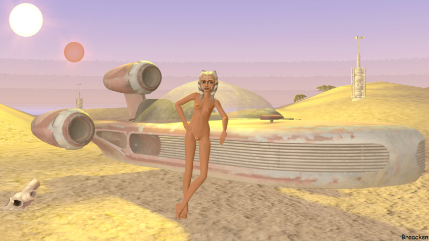 1girls 3d ahsoka_tano alien alien_girl alternate_version_available animal_skull breacken_(artist) clone_wars desert deviantart dewback female female_only landspeeder lying moisture_vaporator nude orange_skin outdoors sand skull solo source_filmmaker speeder star_wars sun sunset tatooine the_clone_wars:_season_four togruta vehicle