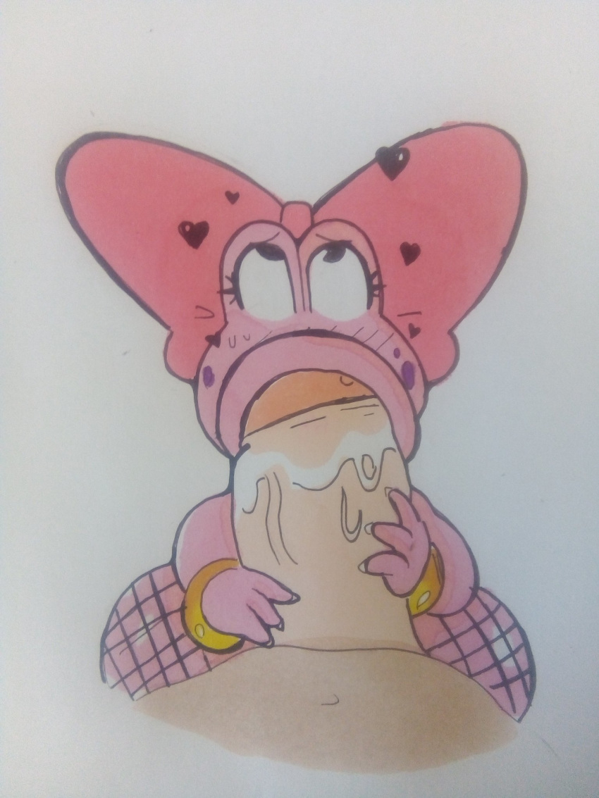 1boy 1boy1girl 1girls :>= anthro bimbo birdo blowjob bodily_fluids cock_worship drawn fellatio female hand_on_penis heart huge_cock male mario_(series) meow_fuck oral oral_sex penis pink_skin simple_background sucking white_background