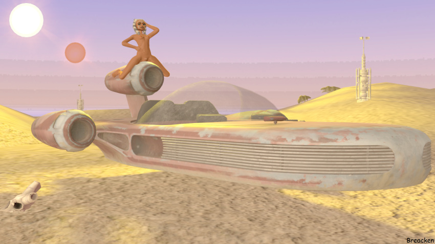 1girls 3d ahsoka_tano alien alien_girl alternate_version_available animal_skull breacken_(artist) clone_wars desert deviantart dewback female female_only landspeeder lying moisture_vaporator nude orange_skin outdoors sand skull solo source_filmmaker speeder star_wars sun sunset tatooine togruta vehicle