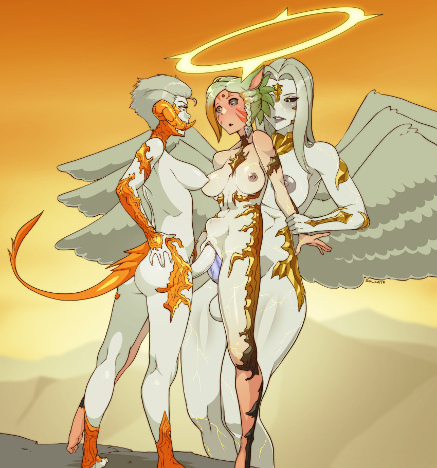 1girls 2futas absurd_res alya_ctesias angel angel_wings animal_ears au_ra balls black_sclera blank_eyes catgirl corruption double_penetration feathered_wings feathers female ferelia_ctesias final_fantasy final_fantasy_xiv futa_on_female futanari genitals green_hair grey_hair hair haru_katana hi_res horn humanoid humanoid_penis kemonomimi larger_futanari light-skinned_female light_skin long_hair mammal mammal_humanoid miqo'te nipple_piercing nipples nude penetration penis piercing rape short_hair sin_eater square_enix stomach_bulge sulcate threesome transformation vaginal vaginal_penetration white_body white_hair white_skin wings