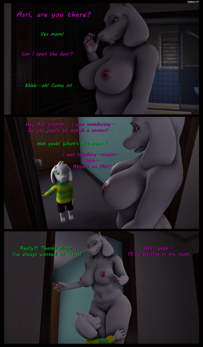 3d_(artwork) absurd_res age_difference anthro asriel_dreemurr big_breasts boss_monster bovid breasts caprine clothed clothing comic curvy_figure duo english_text female fur genitals goat hi_res horn huge_breasts incest long_ears male mammal mother mother_and_child mother_and_son nipples nude parent parent_and_child pussy sebaxn size_difference smile son source_filmmaker straight text thick_thighs toriel undertale video_games voluptuous white_body white_fur wide_hips young younger_male