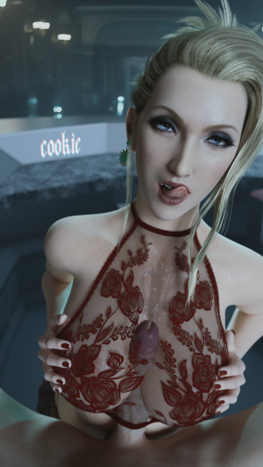 1boy 1boy1girl 1girls 3d blonde_hair blue_eyes bra breast_press breasts cookie_3d cum cum_on_breasts cum_on_clothes earrings eye_contact eyeshadow final_fantasy final_fantasy_vii final_fantasy_vii_remake lace licking_lips light-skinned_female light-skinned_male light_skin lingerie lipstick looking_at_viewer makeup male/female mascara nail_polish paizuri paizuri_under_clothes partially_clothed penis pov pov_eye_contact scarlet_(ffvii) tongue tongue_out translucent_clothing