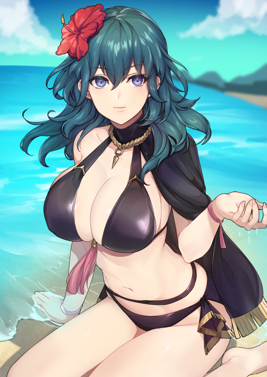 1girls beach big_breasts bikini black_bikini black_swimsuit blue_eyes blue_hair byleth_(fire_emblem) byleth_(fire_emblem)_(female) byleth_(summer)_(fire_emblem)_(female) cleavage curvaceous curvy female female_focus female_only female_protagonist fire_emblem fire_emblem:_three_houses fire_emblem_heroes flower flower_in_hair hair_flower highres huge_breasts kokouno_oyazi large_breasts long_hair looking_at_viewer navel nintendo red_flower seaside smile solo solo_female solo_focus summer swimsuit teal_hair water