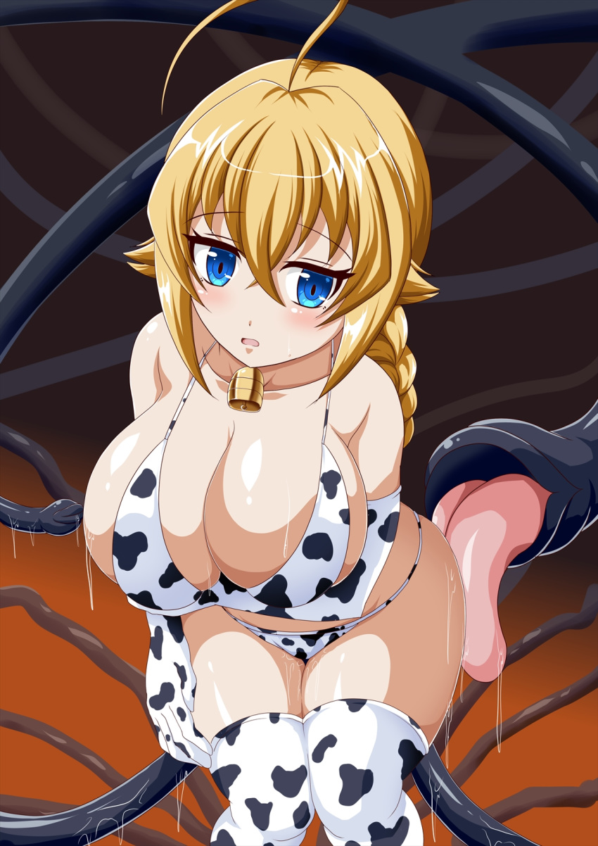 ahoge bell big_breasts big_eyes bikini blazblue blonde_hair blue_eyes chestnut_mouth clothed_female cow_accoutrements cow_print cow_print_bikini cowbell es_(xblaze) female female_focus female_only long_hair open_mouth shiny_hair shiny_skin small_but_busty solo solo_female solo_focus suzumori_(artist) tentacle_tongue tongue xblaze