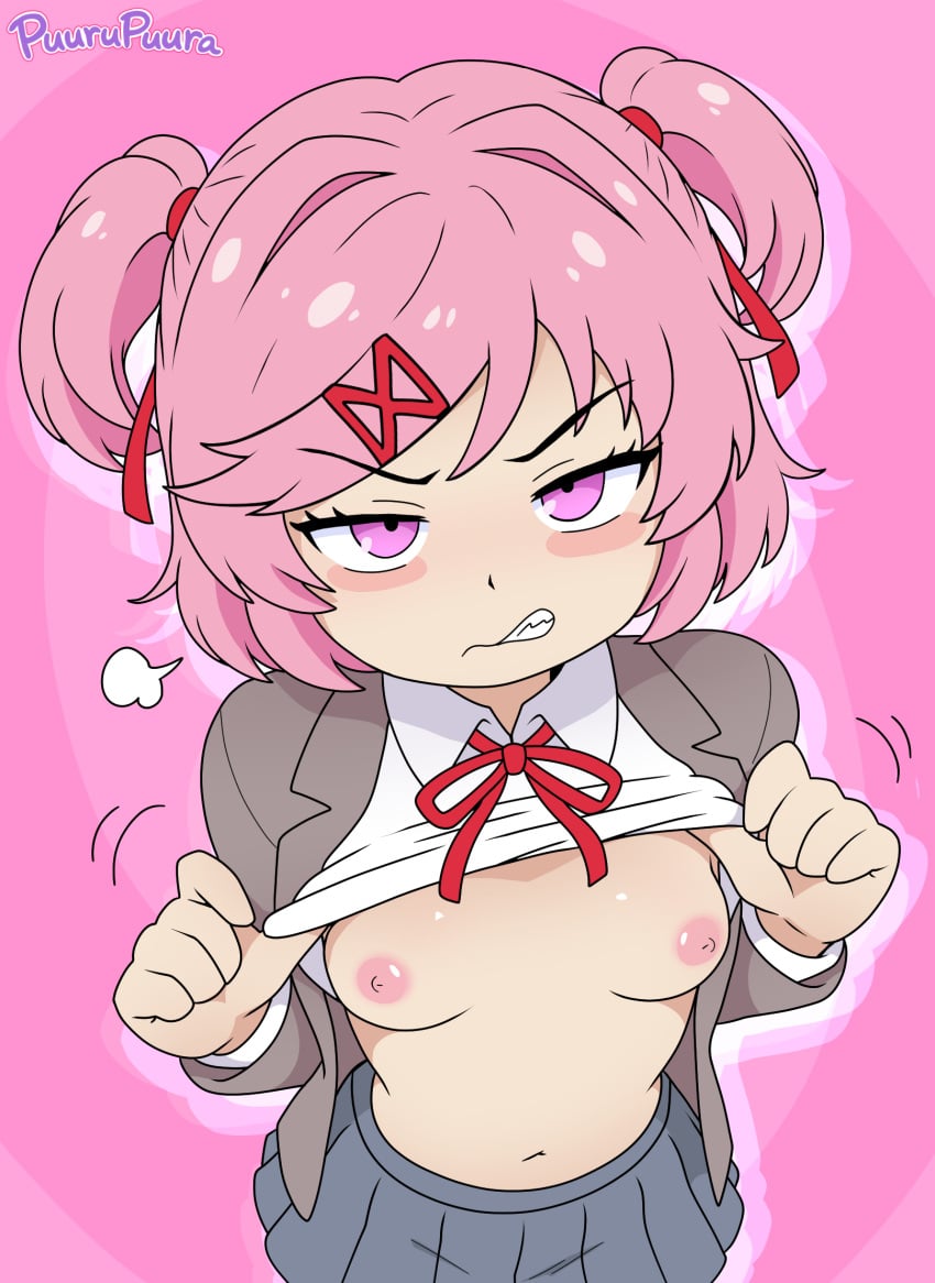 anime anime_girl anime_style annoyed annoyed_expression artist_request doki_doki_literature_club exposed_breasts flashing_breasts natsuki_(doki_doki_literature_club) nipples pink_hair ponytail purple_eyes reluctant school_uniform schoolgirl schoolgirl_uniform shirt_lift shirt_up skirt