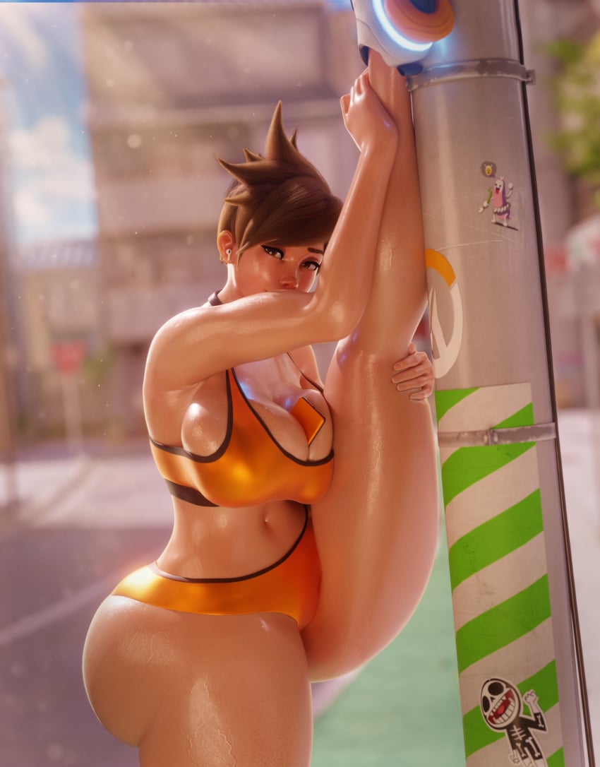 3d 3d_model 3d_render ass big_ass big_breasts boobs booty breasts butt cleavage fat_thighs gigantic_ass huge_ass huge_breasts large_breasts leg_up looking_at_viewer massive_breasts overwatch overwatch_2 phone_between_breasts phone_in_breasts scrag_boy_(model) scrag_tracer sports_bra sports_shorts sportswear squished_breasts stretching stretching_legs sweat sweating sweaty_body thick_hips thick_legs thick_thighs thighs tits tracer viirukkin