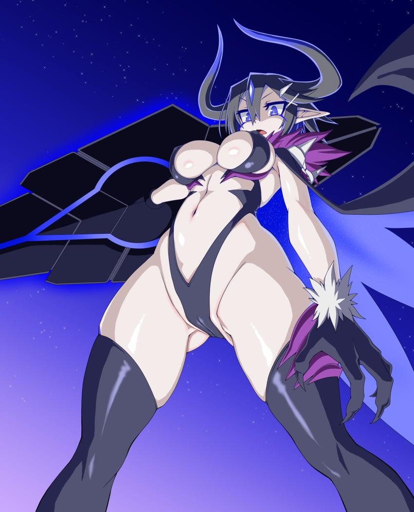 1girls asagi_asagiri bikini black_hair blue_eyes breasts cameltoe cape cleavage demon_girl disgaea disgaea_rpg fur_collar fur_cuffs gradient_horns highres horns huge_breasts large_breasts nippon_ichi_software overlord_asagi pointy_ears sharp_fingernails shield_cannon slingshot_swimsuit swimsuit weapon yokoshimakoishi