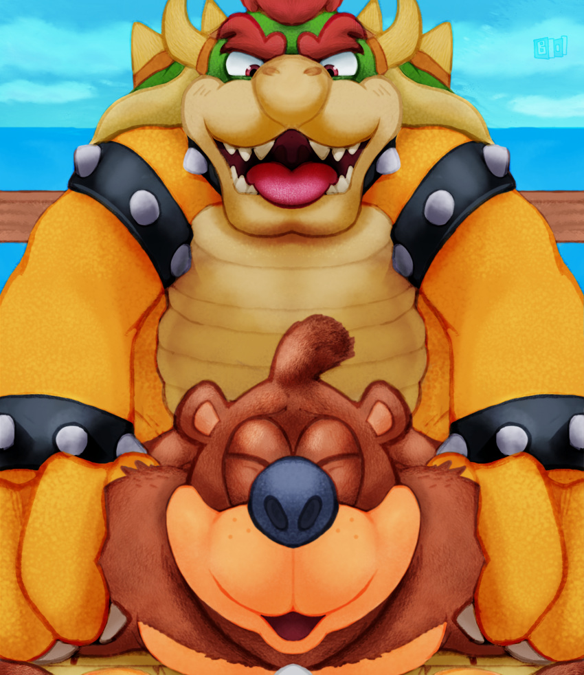 2boys absurd_res anal anal_sex anthro banjo-kazooie banjo_(banjo-kazooie) bara bowser bowserboy101 brown_body brown_fur closed_eyes crossover digital_media_(artwork) duo floor_sex fur gay gay_sex hi_res jewelry koopa looking_pleasured male male/male male_focus male_only male_penetrated male_penetrating male_penetrating_male mammal mario_(series) necklace nintendo outside penetration pinned_to_floor protagonistsub_antagonistdom rareware scalie sex simple_background size_difference spikes super_smash_bros. tongue tongue_out ursid video_games wrist_cuff