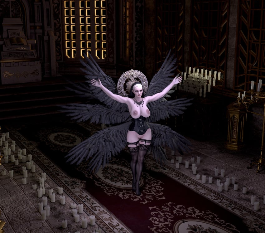 1girls 3d corset daz_studio female female_only full_body mother_miranda_(resident_evil) multiple_wings planetex resident_evil resident_evil_8:_village solo stockings wings