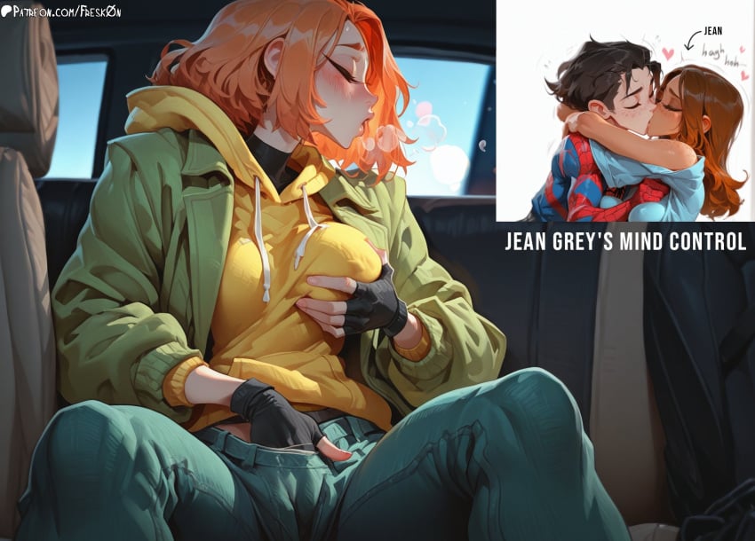 1boy 1girl ai_generated black_gloves black_hair blush bodysuit breasts brown_hair car_interior closed_eyes clothed_masturbation denim english_text female_masturbation fingering fingerless_gloves fresk0n gloves grabbing grabbing_own_breast green_jacket hand_under_clothes heart hetero hood hood_down hoodie hug jacket jean_grey jeans kiss large_breasts marvel marvel_cinematic_universe masturbation michelle_jones open_clothes orange_hair pants peter_parker short_hair sitting spider-man spider-man:_brand_new_day spider-man_(series) yellow_hoodie