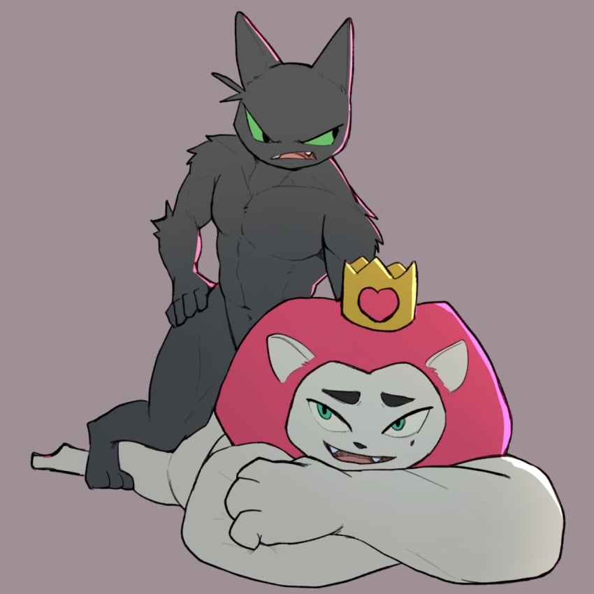 1:1 anthro athletic beauty_mark cartoon_network crown domestic_cat duo felid feline felis gay green_eyes hi_res jrjresq king king_snugglemagne_xxv laying_on_front lion lying male male/male male_only mammal mao_mao:_heroes_of_pure_heart muscular muscular_male nude on_front pantherine pecs royalty sheriff_mao_mao_mao size_difference small_dom_big_sub