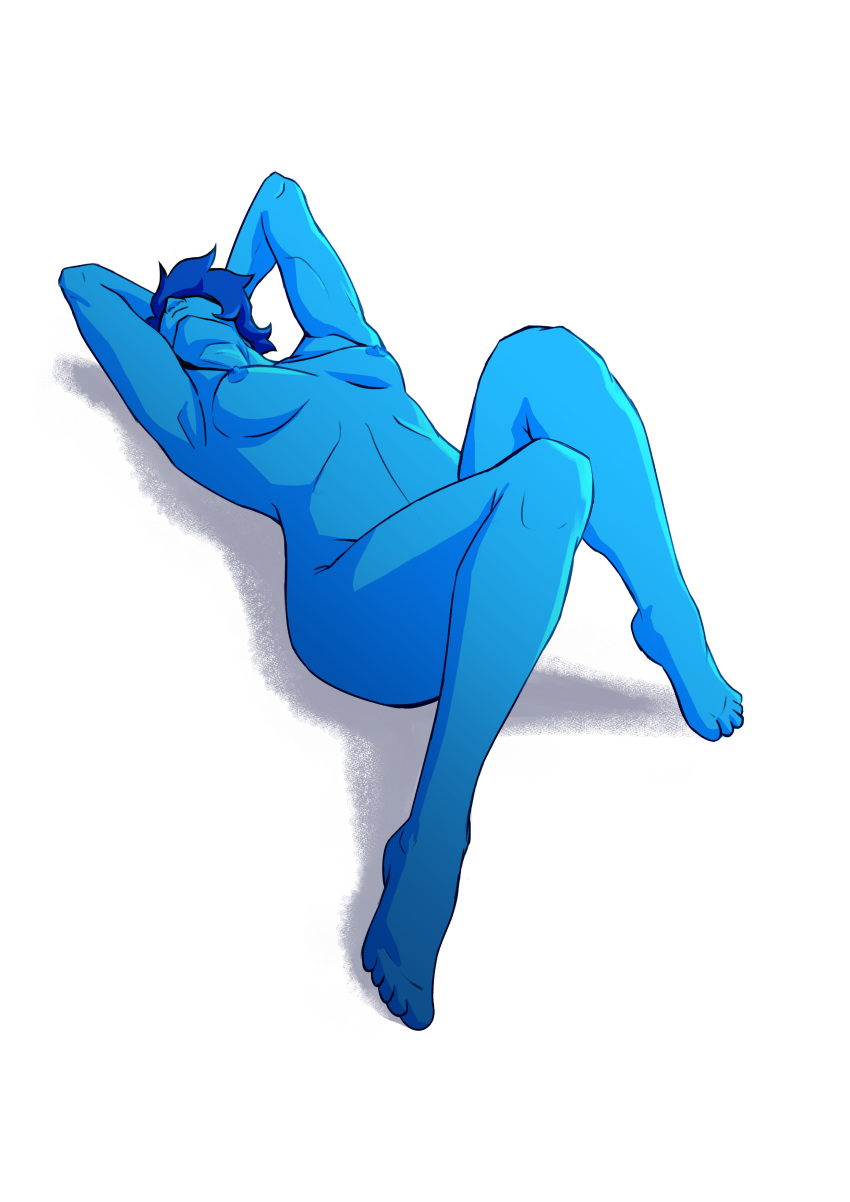 1girls arms_behind_head barnsinbin blue_hair blue_skin lapis_lazuli_(steven_universe) lying medium_breasts nude solo steven_universe white_background