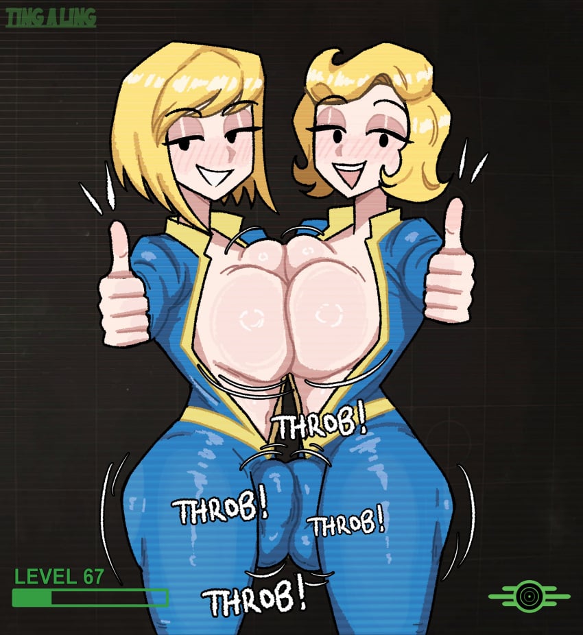 2futas blonde_hair boobs_pressed breasts_squeezed_together bulge bulge_frottage fallout frottage frottage_through_clothing futa_only futanari gameplay_mechanics large_breasts thumbs_up tingalinguy vault_dweller vault_girl vault_suit