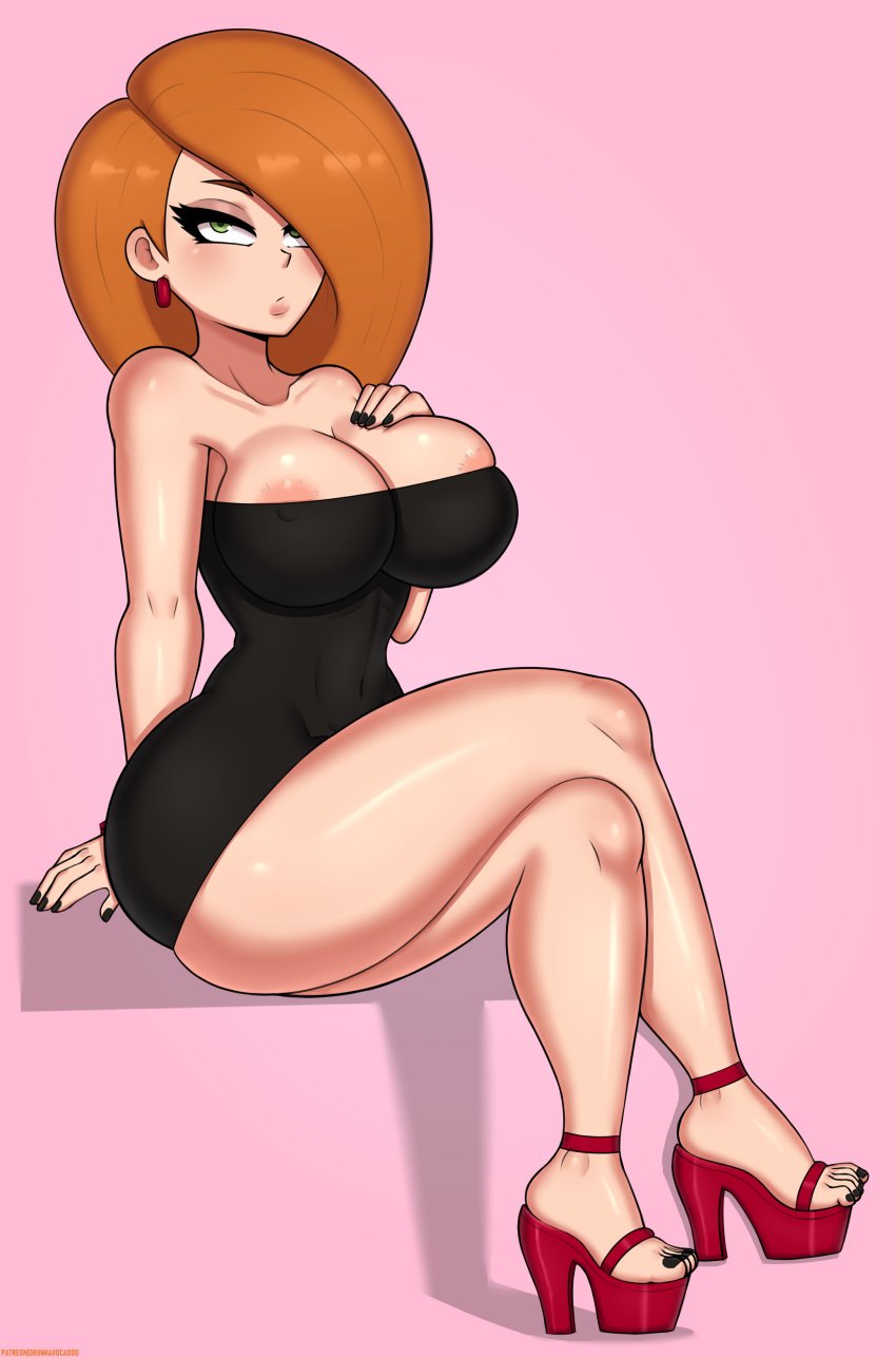 1girls absurdres alternate_breast_size big_breasts black_dress breasts brown_hair cleavage disney disney_channel dress drunkavocado female female_focus female_only female_protagonist full_body green_eyes high_heels highres kim_possible kimberly_ann_possible large_breasts long_hair looking_at_viewer nipples nipples_visible_through_clothing platform_heels seductive sitting solo solo_female solo_focus thick_thighs tube_dress wide_hips