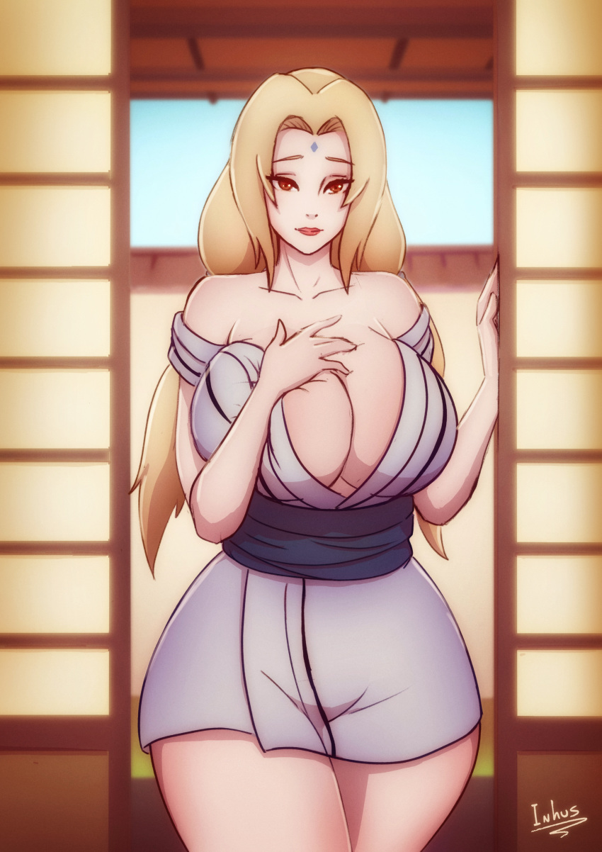 1girls big_breasts blonde blonde_hair brown_eyes clothed_female female female_focus female_only inhus long_hair looking_at_viewer mature_female naruto no_pants solo solo_female solo_focus teasing tsunade