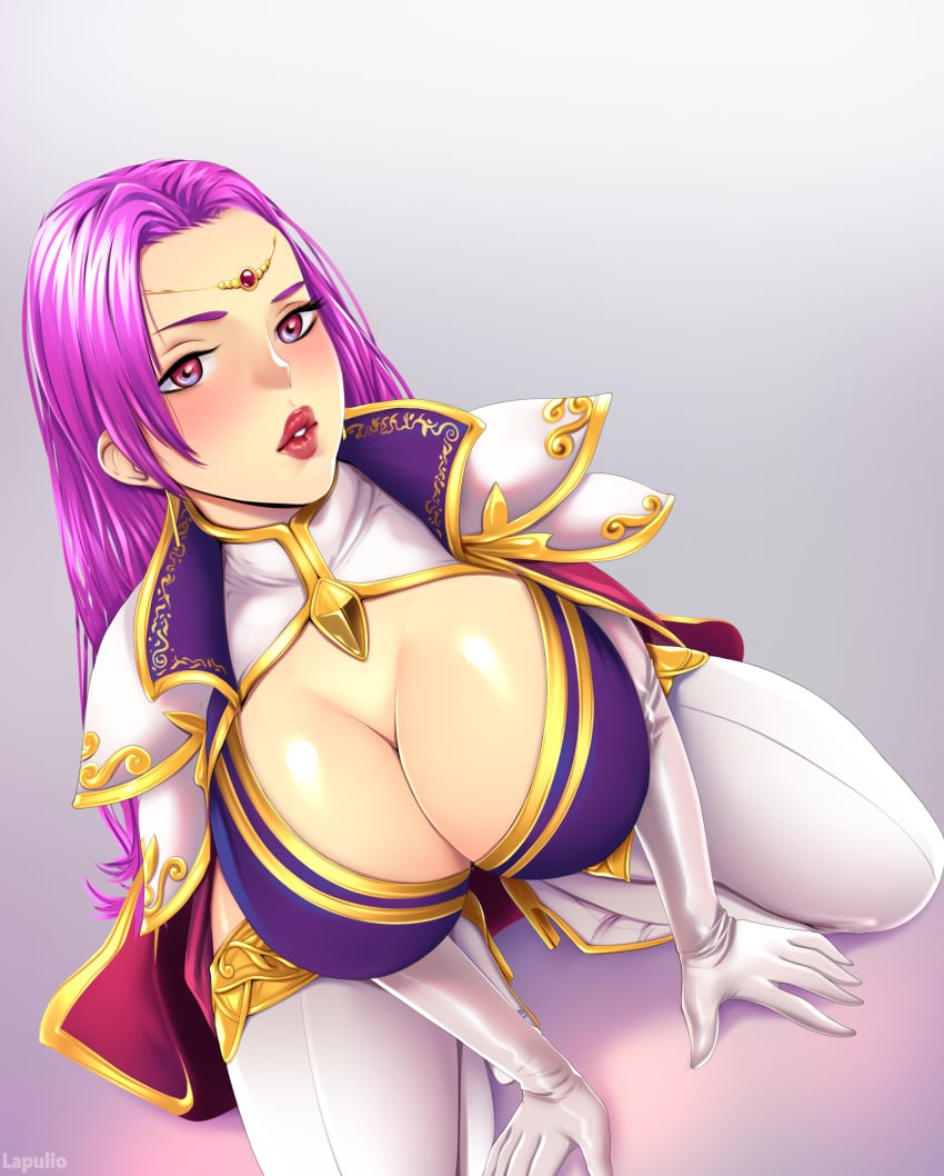 1girls all_fours big_breasts brunnya_(fire_emblem) cleavage clothed fire_emblem fire_emblem:_the_binding_blade gloves huge_breasts lapulio large_breasts lips long_hair looking_at_viewer nintendo on_all_fours on_knees purple_eyes purple_hair red_lipstick thick_lips violet_eyes