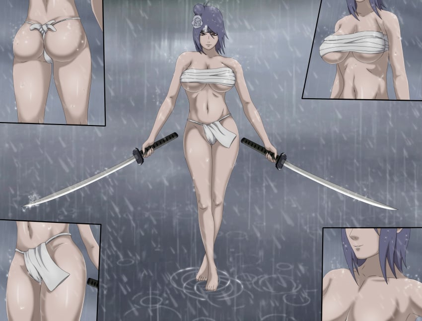 ass bandages barefoot big_breasts blue_hair breasts cleavage covered_breasts curvy dual_swords feet female female_only flower forehead_protector fundoshi hair_ornament holding_object holding_weapon katana konan multiple_angles naruto naruto_(series) naruto_shippuden neeba orange_eyes raining smile sword swords walking water water_drop wide_hips