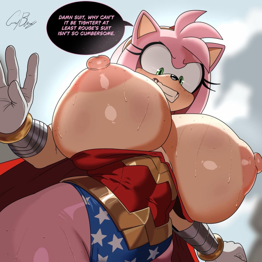 alternate_breast_size amy_rose big_breasts breasts costume cuernosblancos dialogue green_eyes solo sonic_(series) sonic_the_hedgehog_(series) wardrobe_malfunction wonder_woman_(cosplay)
