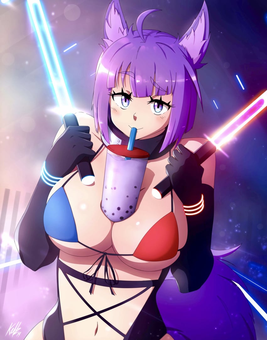 2019 ahoge animal_ears animal_humanoid beat_saber between_breasts big_breasts bikini bikini_top blush breasts bubble_tea bubble_tea_challenge cleavage colored_background commission eyebrows_raised female first_porn_of_franchise fox_ears fox_girl fox_tail gloves glowstick highleg hourglass_figure kellzallday leotard light-skinned_female light_skin looking_at_viewer multicolored_bikini mura_(woops) neon ninja_headband original purple_eyes purple_hair shaded short_hair signature smile solo solo_female string_bikini tail watermark woops