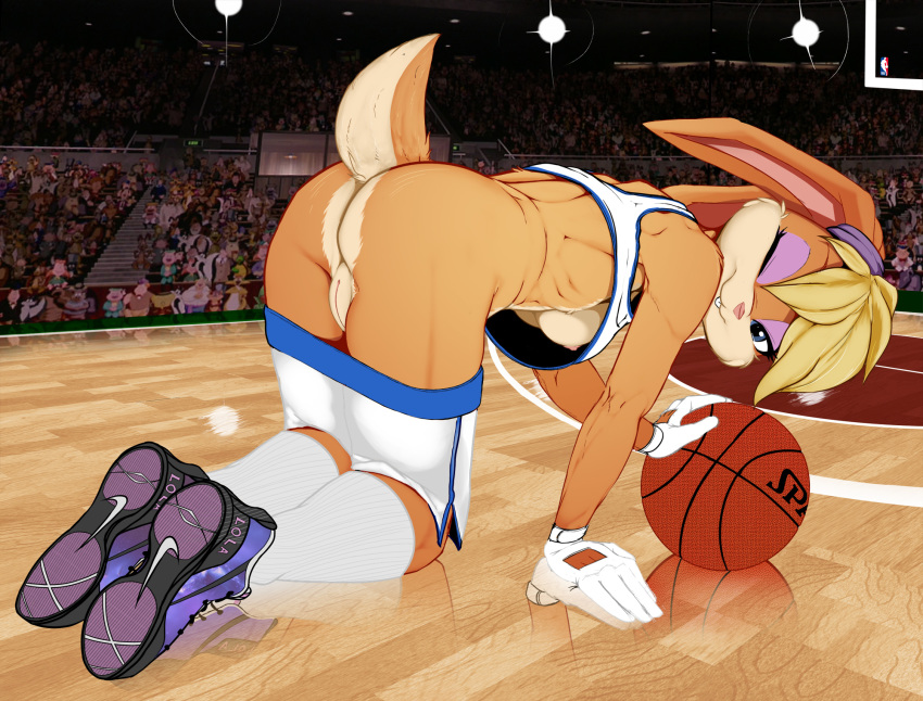 2020 all_fours anthro ass ball basketball basketball_(ball) blonde_hair blue_eyes bottomwear breasts brown_body brown_fur brown_tail buckteeth clothed clothing crowd detailed_background digital_media_(artwork) eyeshadow female footwear fur genitals group hair hi_res ibengmainee jersey lagomorph legwear leporid lola_bunny long_ears looking_at_viewer looney_tunes makeup mammal multicolored_body multicolored_fur multicolored_tail nike nipples one_eye_closed partially_clothed pink_nipples pink_nose presenting presenting_pussy pussy rabbit shoes shorts shorts_down socks solo_focus space_jam tan_body tan_fur tan_tail teeth topwear two_tone_body two_tone_fur two_tone_tail warner_brothers white_bottomwear white_clothing white_legwear white_shorts white_socks white_topwear wink