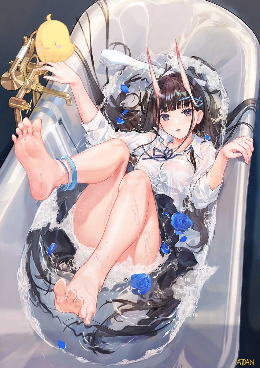 1girls anklet atdan azur_lane barefoot bathroom bathtub brown_hair demon_girl feet female female foot_fetish foot_focus horns long_hair noshiro_(azur_lane) purple_eyes see-through soles spread_toes tagme toenails toes wet wet_clothes