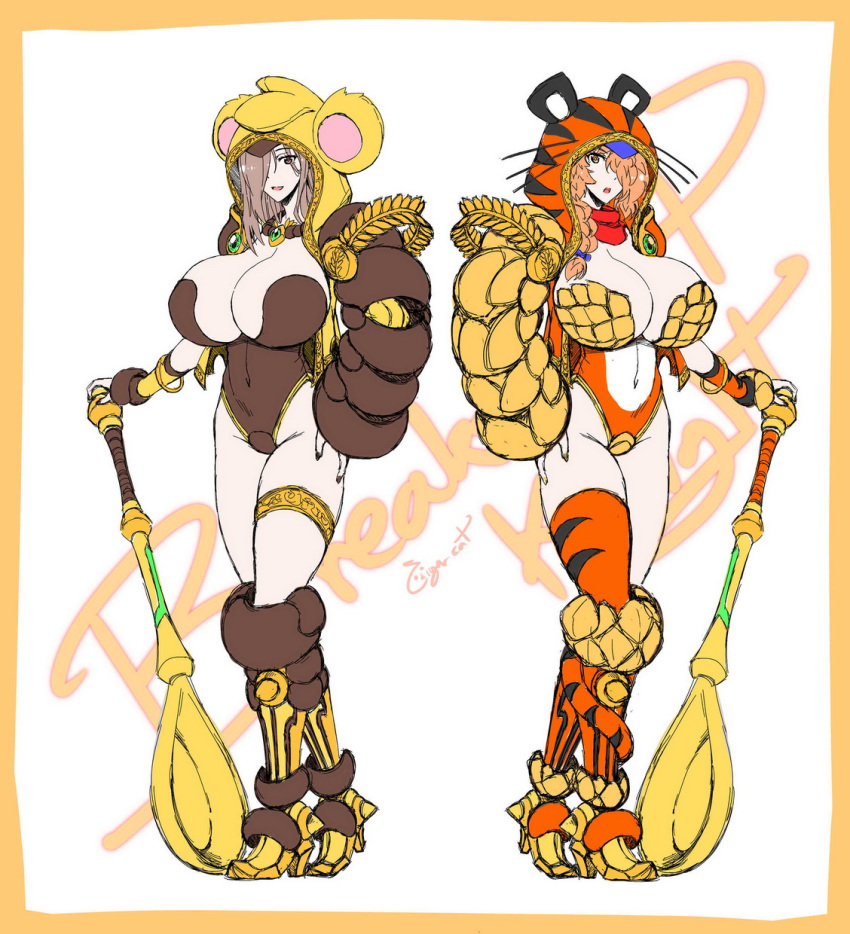 2020 2girls animal_ears armor artist_name asymmetrical_clothes big_spoon boots bow breasts brown_clothing brown_hair brown_nails cereal_mascot cigar_cat cleavage comically_large_spoon covered_navel english_text eyebrows_visible_through_hair eyes_visible_through_hair fake_animal_ears female female_only frosted_flakes full_body genderswap_(mtf) hair_ribbon highleg highleg_leotard hoodie huge_breasts humanized jewelry knee_pads koko_krunch koko_the_koala legwear leotard long_hair looking_at_viewer mascot multiple_girls nail_polish navel necklace open_mouth orange_border orange_clothing ribbon ring rule_63 scarf scepter shoulder_pads signature silver_hair single_braid single_thighhigh smile standing text thick_thighs thigh_strap thighs tiger_print tongue tony_the_tiger wheat wristband yellow_nails