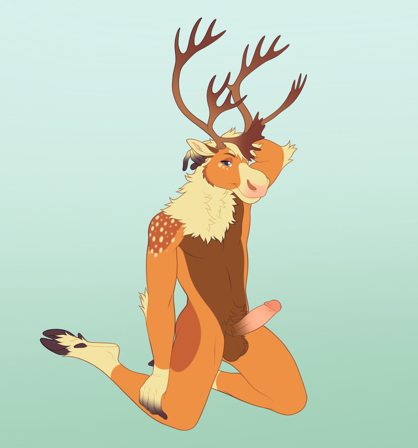 absurd_res anthro antlers capreoline cervid cervine erection genitals hemlock_bou hi_res hooves horn humanoid humanoid_genitalia looking_at_viewer male male_only mammal moosemead penis pink_penis pinup pose reindeer simple_background solo