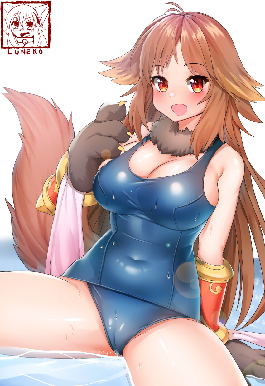 2019 absurd_res animal_humanoid big_breasts blush breasts brown_hair cameltoe canid canid_humanoid cleavage clothed clothing corin female hair hi_res humanoid long_hair looking_at_viewer mammal mammal_humanoid nekolu one-piece_swimsuit open_mouth paws smile solo swimwear tight_clothing water