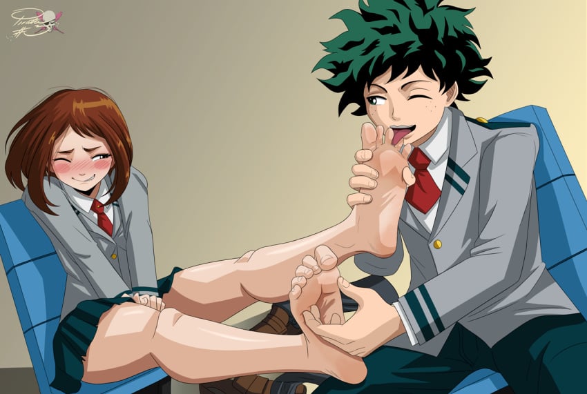 1boy 1girls blush brown_eyes brown_hair cute embarrassed feet feet_up female foot_fetish foot_lick foot_tickling green_eyes green_hair hands_between_legs holding_feet izuku_midoriya licking_foot my_hero_academia ochako_uraraka one_eye_closed pirata3 rosy_cheeks school_uniform sitting sitting_on_chair skirt smile smiling tickling tie tongue u.a._school_uniform wholesome