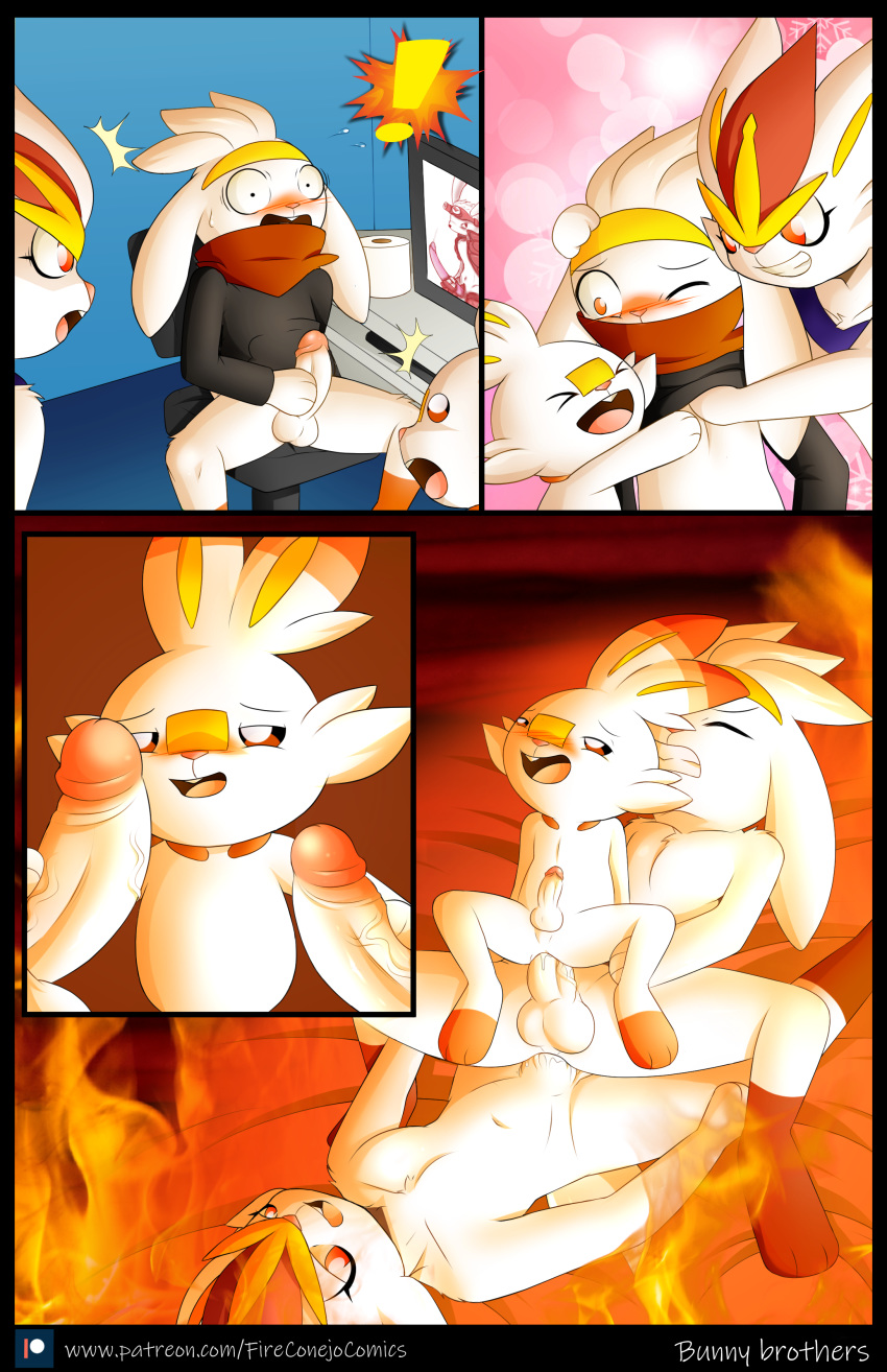 absurd_res age_difference anal anthro cinderace comic english_text fire fire_conejo fur group group_sex hi_res humor incest lagomorph leporid male male/male male_cinderace male_pokemon mammal nintendo pokémon_(species) pokemon pokemon_ss rabbit raboot red_eyes scorbunny sex text threesome video_games white_body white_fur yaoi