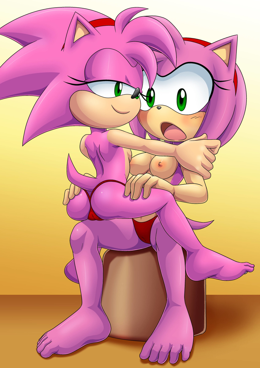 2girls amy_rose barefoot bbmbbf cameltoe classic_amy_rose girl_on_top hand_on_leg hand_on_shoulder medium_breasts mobius_unleashed multiple_girls nipples palcomix red_panties red_underwear rosy_the_rascal_(archie) sega selfcest sitting sonic_(series) sonic_the_hedgehog_(series) yuri