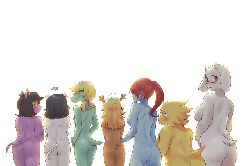 ... 6+girls 7girls alligator alphys anthro ass black_hair blonde_hair blue_skin blush bovine bratty_(undertale) brown_fur catti_(deltarune) catty_(undertale) deltarune domestic_cat ear_piercing earrings felid feline female female_only fish furry glasses goat green_skin lizard looking_at_viewer looking_away looking_back mammal nervous noelle_holiday purple_fur red_eyes red_hair reindeer reptile ss_komu sweat sweatdrop tail toriel undertale undyne white_fur yellow_eyes yellow_skin