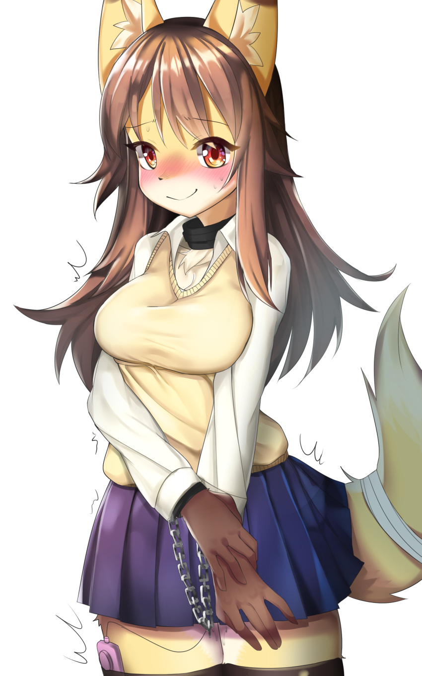 10:16 2018 absurd_res anthro blush bodily_fluids bottomwear breasts brown_hair canid canine chains clothing collar corin female fox genital_fluids hair hi_res looking_at_viewer mammal pussy_juice sex_toy simple_background skirt smile solo sweat white_background