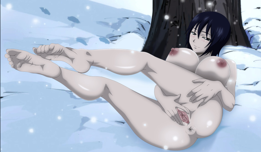 1girls anus areolae ass big_breasts black_eyes black_hair breasts fairy_tail feet female female_only looking_at_viewer lying neeba nipples nude outdoors smile snow snowing soles solo spread_pussy spreading toes uncensored ur vagina