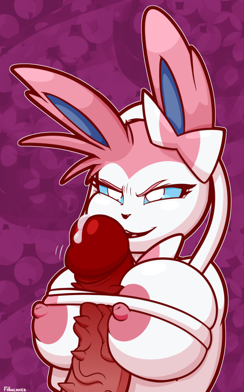 angry animal_ear_fluff animal_ears big_breasts blue_eyes cum ears furry huge_cock huge_penis pink_ears pink_eyebrows pink_fur pokémon_(species) pokemon pokemon_(species) strings sylveon tagme white_fur