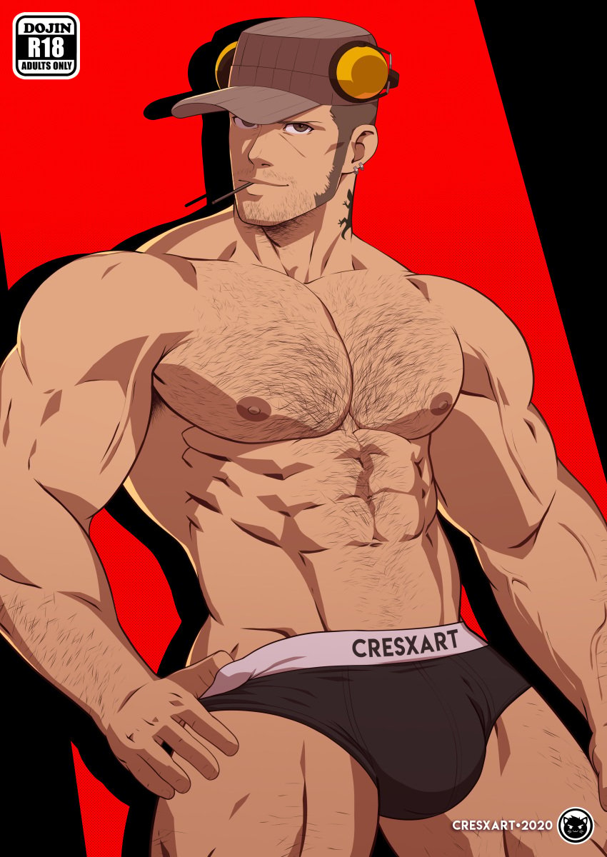 1boy 1male 2020 abs atlus bara big_pecs black_background black_briefs black_underwear body_hair briefs briefs_only brown_eyes bulge cap chest_hair cresxart facial_hair hairy hairy_abs hairy_arms hairy_chest hairy_male hairy_stomach hairy_thighs hat human human_only iwai_munehisa looking_at_viewer male male_focus male_nipples male_only manly muscle muscles muscular muscular_male nipples pecs pectorals persona persona_5 red_background six_pack solo solo_focus solo_male tattoo tattoo_on_neck tattooed_neck uncensored underwear underwear_only veiny_muscles