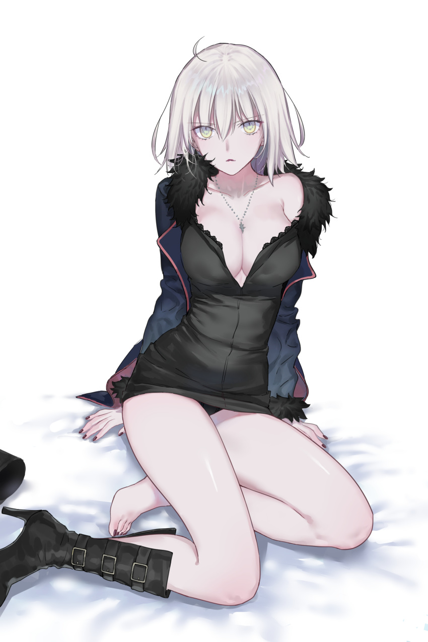 1girls ahoge barefoot black_legwear black_nails black_panties breasts cleavage fate/grand_order fate_(series) feet female female_only footwear_removed hair_between_eyes high_heel_boots high_heels jeanne_alter jewelry looking_at_viewer medium_breasts nail_polish necklace nipi nipi27 panties red_nails short_hair simple_background solo thighs toes underwear white_background white_hair yellow_eyes