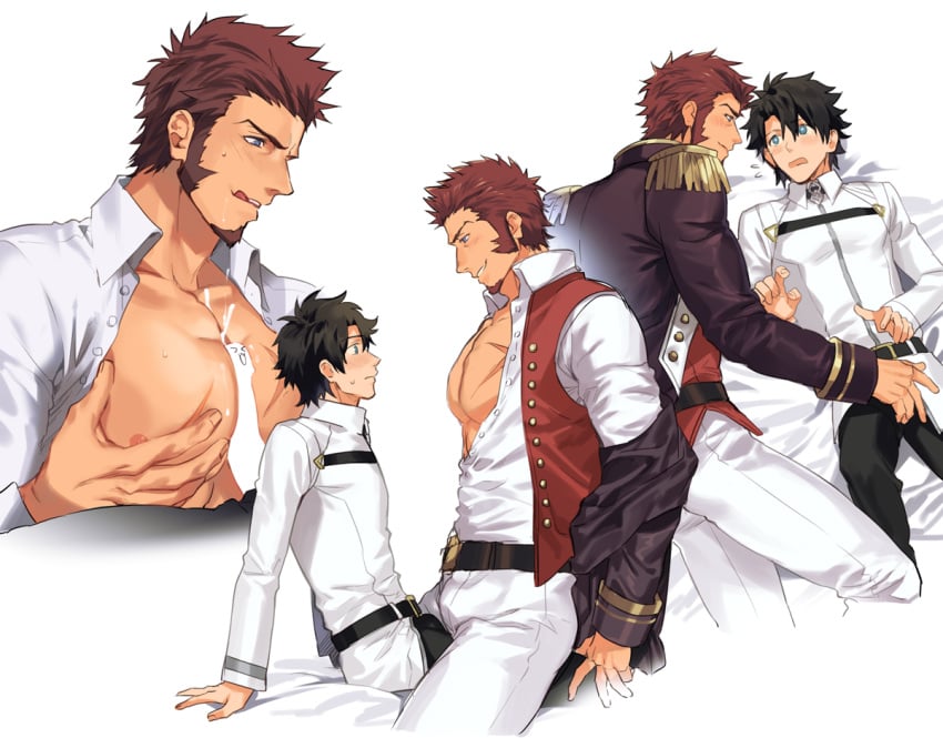 bara belt big_pecs black_hair blue_eyes blush brown_hair bulge bulge_frottage censored chest collar epaulettes erection erection_under_clothes facial_hair fate/grand_order fate_(series) fringe_trim frottage fujimaru_ritsuka_(male) gay goatee groping hands_on_own_chest jacket large_pecs long_sleeves male_focus military military_uniform multiple_boys muscle napoleon_bonaparte_(fate) oh_ki_ik open_clothes open_jacket open_shirt paizuri pants pecjob pecs pectorals scar sideburns smile tight tongue tongue_out unbuttoned uniform white_pants yaoi