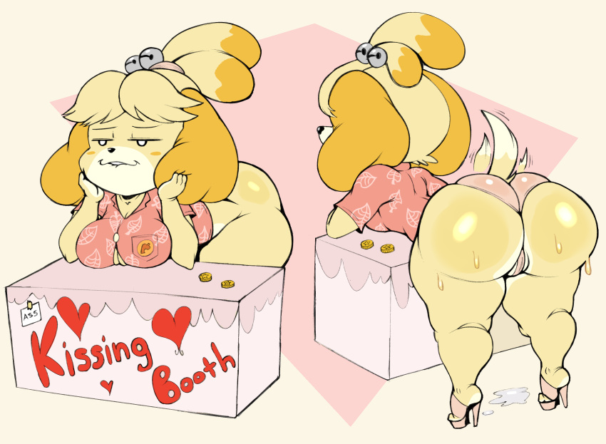 1girls animal_crossing animal_ears anthro ass big_ass big_breasts bodily_fluids dog_ears female furry high_heels huge_ass isabelle_(animal_crossing) kissing_booth nintendo panties purple_yoshi_draws saliva shortstack solo tail text thick_ass thick_thighs thighs two_tone_fur voluptuous white_background wide_hips yellow_fur