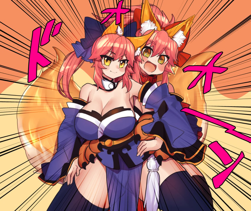 2girls big_breasts fate/extra fate/grand_order fate_(series) fox fox_ears fox_tail hair_ribbon jojo_reference kimono looking_at_viewer multiple_girls osiimi pink_hair tamamo_cat tamamo_no_mae_(fate) thick_thighs thighhighs yellow_eyes