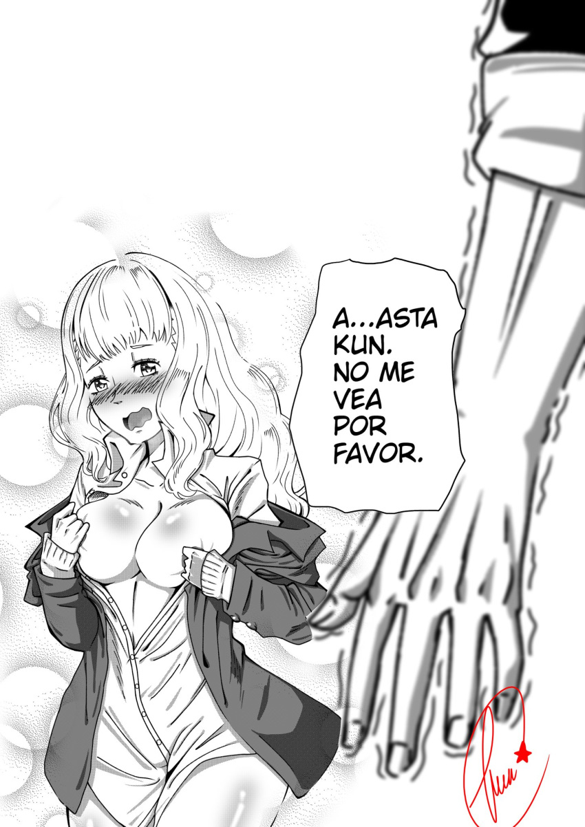 aka12 asta_(black_clover) big_breasts black_clover blush covered_breasts español long_hair mimosa_vermillion open_shirt spanish_text