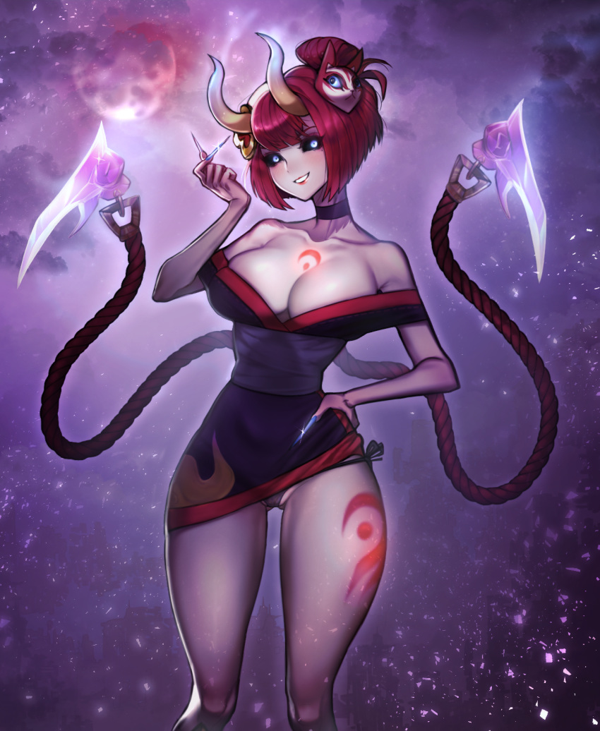 big_breasts black_sclera blood_moon_evelynn blood_moon_series blue_eyes blue_nail_polish blue_nails blush breasts choker clothed clothing demon demon_girl demon_horns demon_tail evelynn eyelashes eyeshadow female horns league_of_legends legs mask multiple_tails nail_polish nails panties pussy red_hair red_lipstick riot_games smile solo solo_female tattoo white_skin