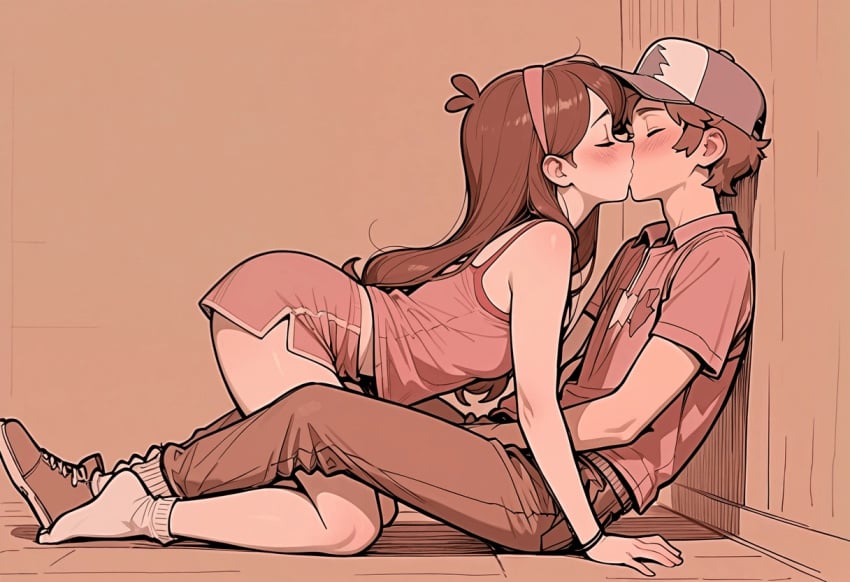 against_wall aged_up ai_art ai_generated brother_and_sister dipper_pines from_side gravity_falls hat headband incest kissing long_hair loose_clothes mabel_pines on_floor on_side pinecest sitting sitting_on_person socks